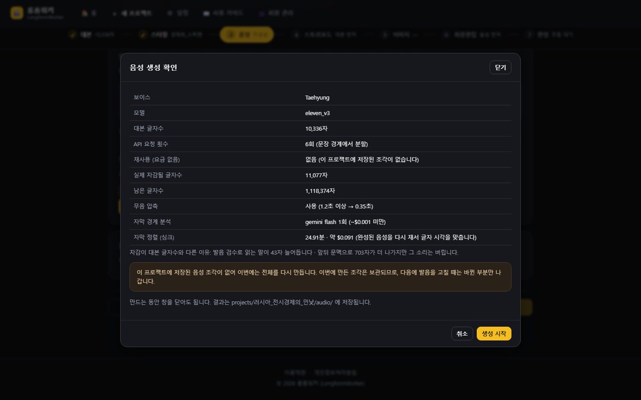 생성 확인창 — 재사용·차감 글자수와 남은 글자수를 보고 승인합니다