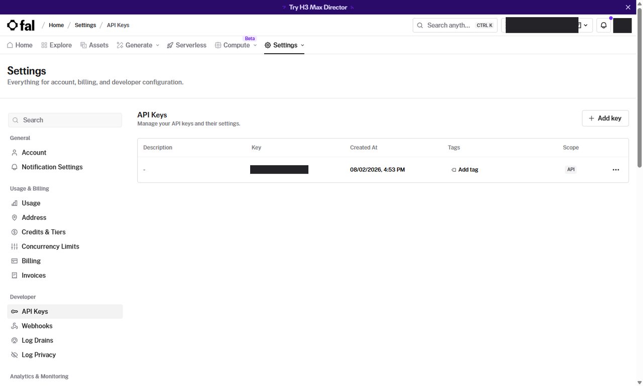 fal.ai → Settings → API Keys — [Add key] 로 만듭니다
