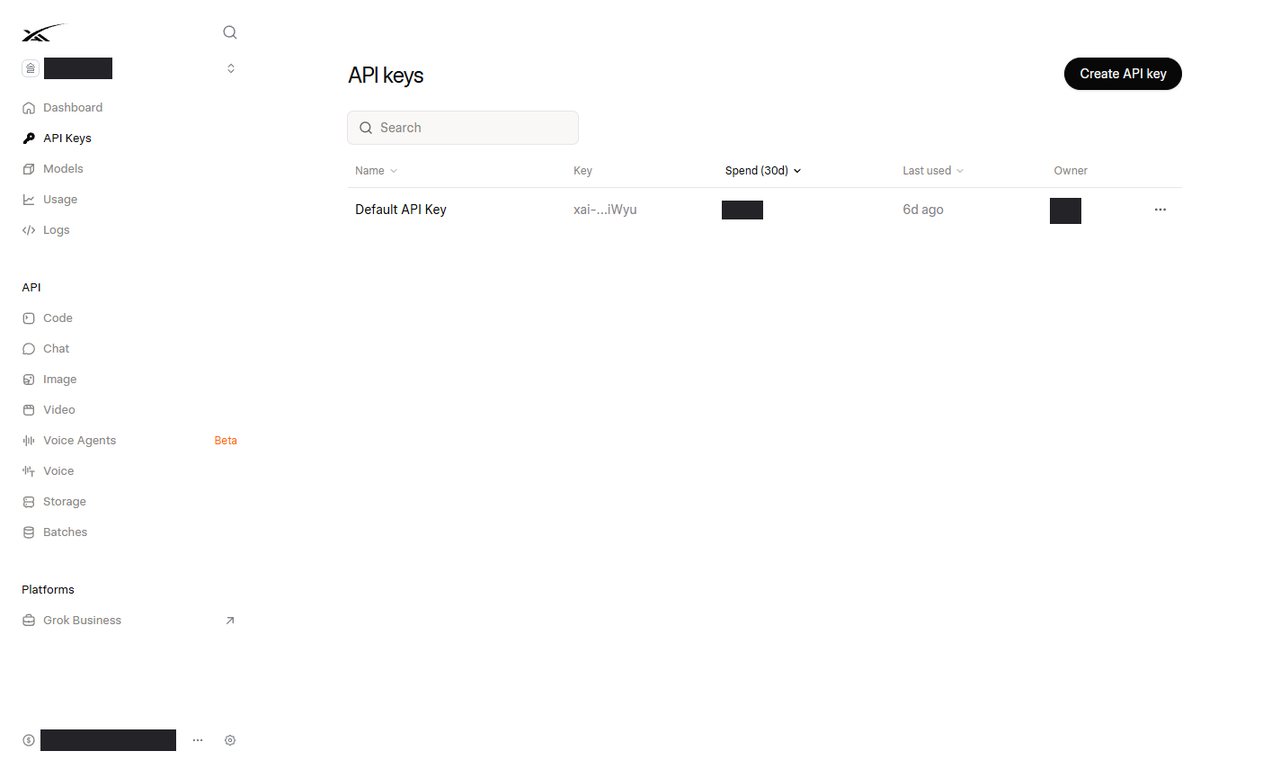 console.x.ai → API Keys — [Create API key] 로 만듭니다